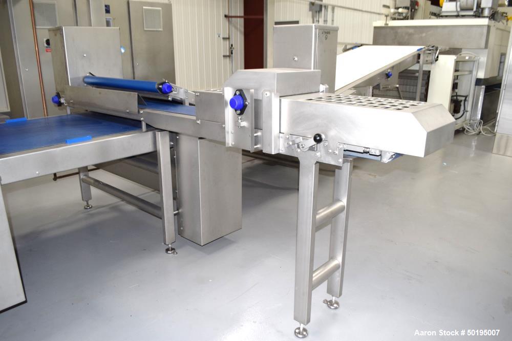 Used Rademaker Sheeting System For Chips, 1000mm Wide, Serial# 7193, Built 2008. Consisting of: (1) 10" wide x 96" long rubber belt conveyor with a 0.37kw gear motor, (1) 3 roll inclined belt feeder ...