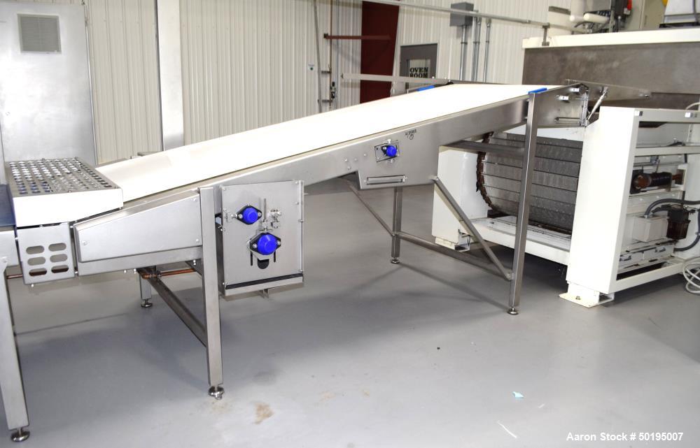 Used Rademaker Sheeting System For Chips, 1000mm Wide, Serial# 7193, Built 2008. Consisting of: (1) 10" wide x 96" long rubber belt conveyor with a 0.37kw gear motor, (1) 3 roll inclined belt feeder ...