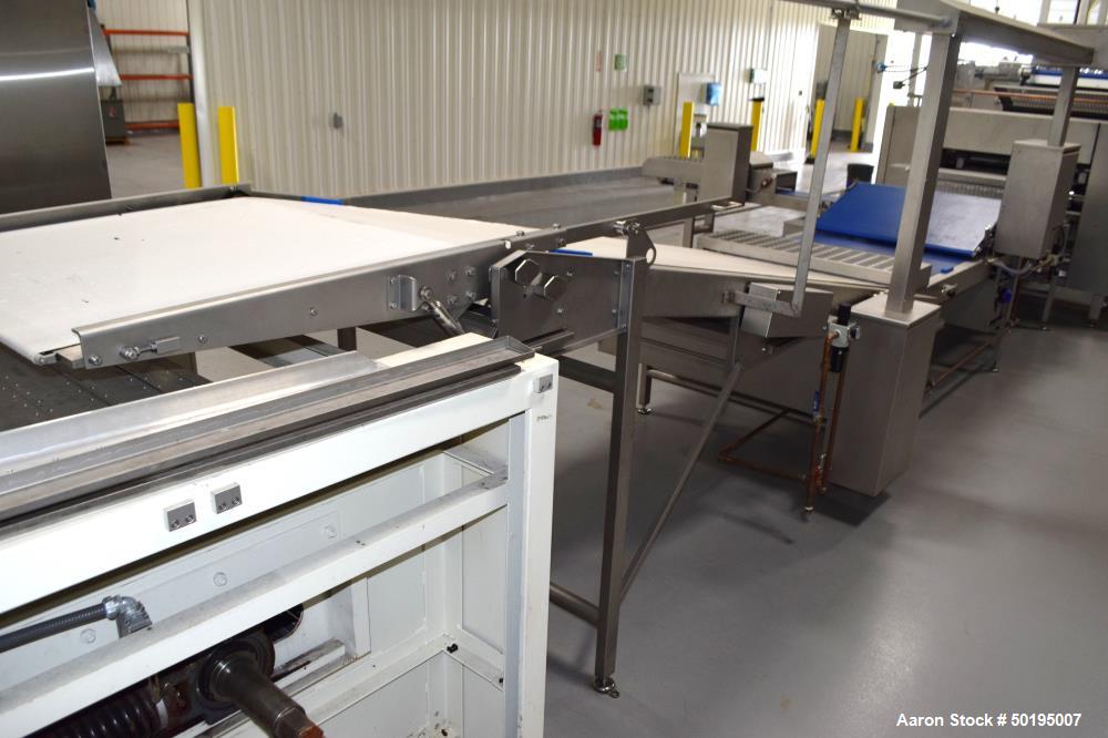 Used Rademaker Sheeting System For Chips, 1000mm Wide, Serial# 7193, Built 2008. Consisting of: (1) 10" wide x 96" long rubber belt conveyor with a 0.37kw gear motor, (1) 3 roll inclined belt feeder ...