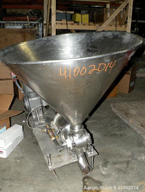 Used Raque Food Systems Food Transfer Pump, 304 Stainless Steel. 3" inlet/outlet. Includes a top feed hopper. Driven by a 5 HP, 3/60/230/460 Volt, 1725 RPM gearmotor. Mounted on a stainless steel bas...