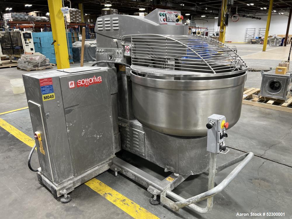 Used Sottoriva America Prisma Self Tilting Mixer, Model Prisma/2-Twist 300 AM/Lifting-Tilting, Stainless Steel. Approximate 300 kg - 112 Gallon capacity. Approximate 41.53" diameter bowl. Motor 15kW....