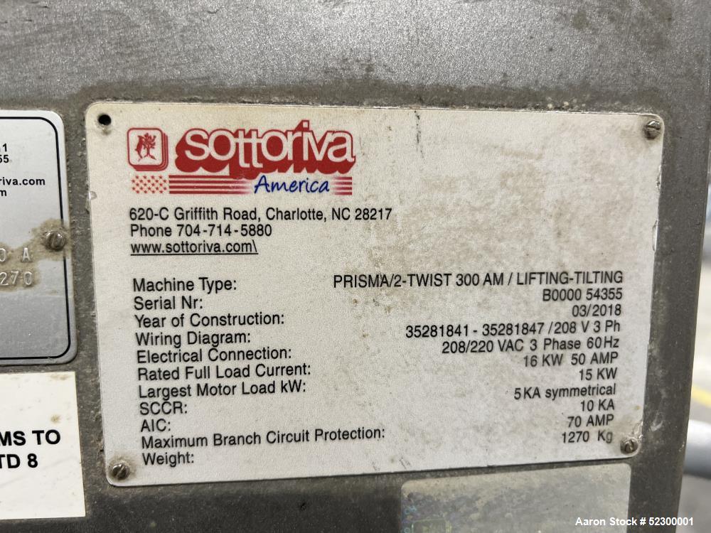 Used Sottoriva America Prisma Self Tilting Mixer, Model Prisma/2-Twist 300 AM/Lifting-Tilting, Stainless Steel. Approximate 300 kg - 112 Gallon capacity. Approximate 41.53" diameter bowl. Motor 15kW....