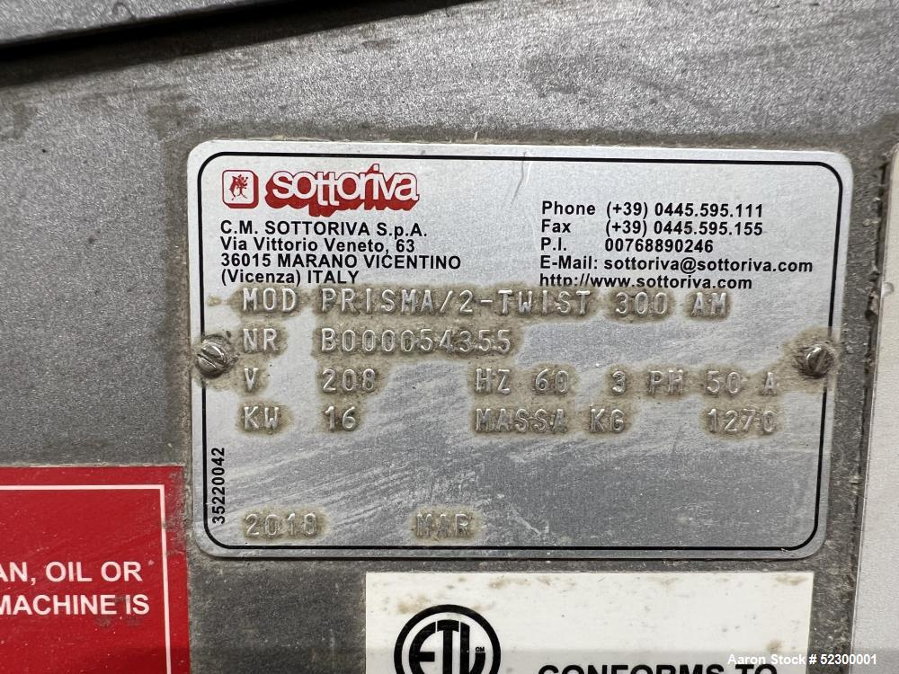 Used Sottoriva America Prisma Self Tilting Mixer, Model Prisma/2-Twist 300 AM/Lifting-Tilting, Stainless Steel. Approximate 300 kg - 112 Gallon capacity. Approximate 41.53" diameter bowl. Motor 15kW....