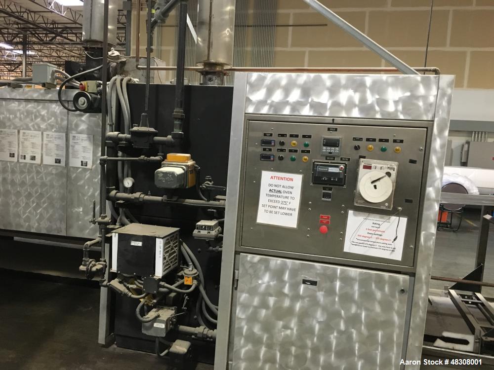 Used 2- Zone Cyclothermic Band Oven. (Believed to be Werner Lahara or APV) Baking chamber divided into two zones with independent temperature adjustment. The oven is 39.5” wide x 50.5” tall x 60’ lon...