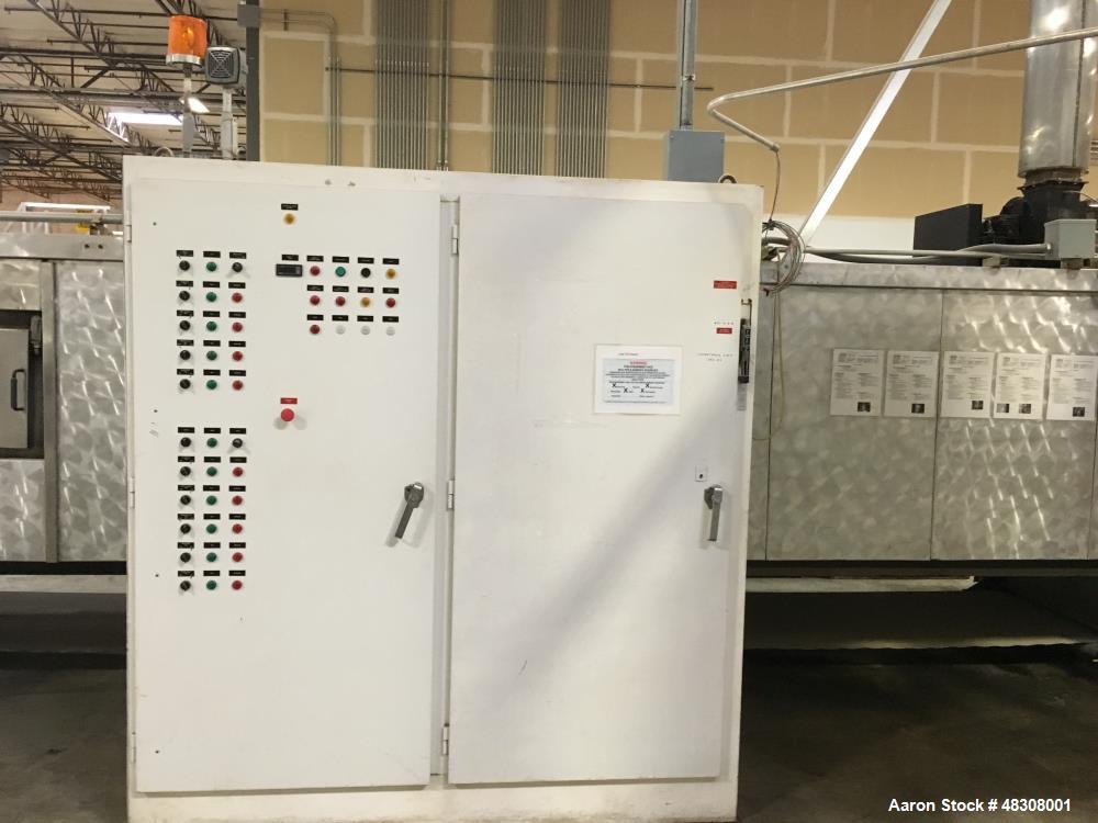 Used 2- Zone Cyclothermic Band Oven. (Believed to be Werner Lahara or APV) Baking chamber divided into two zones with independent temperature adjustment. The oven is 39.5” wide x 50.5” tall x 60’ lon...