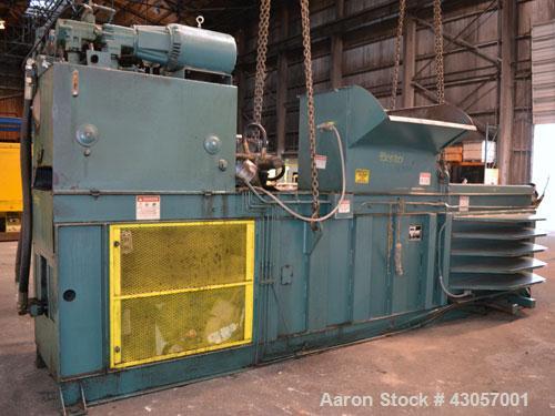 Used Marathon Equipment Closed End Horizontal Side Ejector Baler, Model SE-503042-830, Carbon Steel. Feed chamber 50’’ long x 30’’ wide with hopper. Bale weight up to 1500 pounds. Cycle time 20 secon...