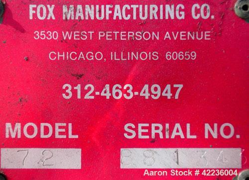 Used Fox Baler, model 72, carbon steel. Approximate bale size 72" long x 30" deep x 77" tall. Driven by a 10 hp, 3/60/200/230/460 volt, 1720 rpm motor. Includes controls. Mounted on a carbon steel ba...