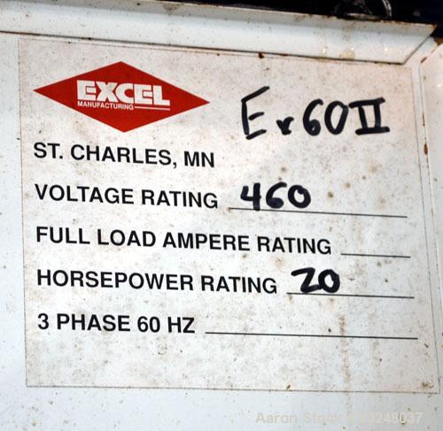 Used Excel Manufacturing Horizontal Baler, Model EX60II, Carbon Steel. Approximate bale size 30" x 55". Top feed with chute. Approximate 20hp motor.