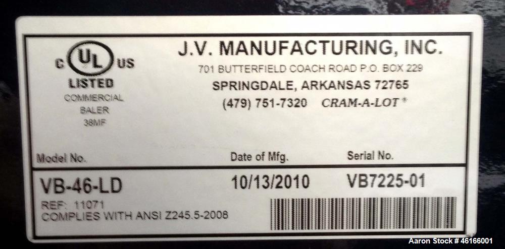 Used Cram-A-Lot Vertical Baler, Model VB-46-LD. Low profile baler ( 118.75" OAH installed) with lift up loading. Bale size 46" wide x 24"deep x 36" high. Average bale weights: 400 lbs corrugated, 480...