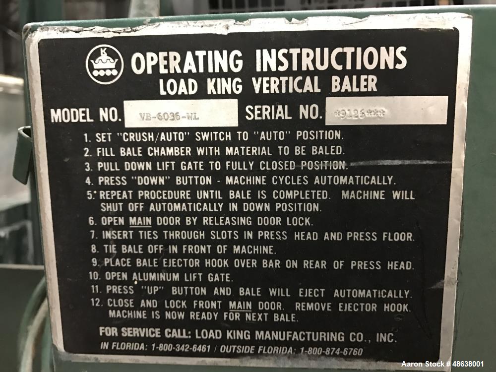 Used Load King Vertical Baler, Model VB-6036-WL, Carbon Steel.