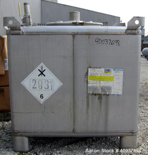 Used Hoover Group Liquid Tote Bin, 46.77 cubic feet (350 gallon), 304 stainless steel. 42" wide x 48" long x 42" tall. Internal rated 9.5 psi. Tare weight 472 pounds, gross 6680 pounds. Top manway, b...