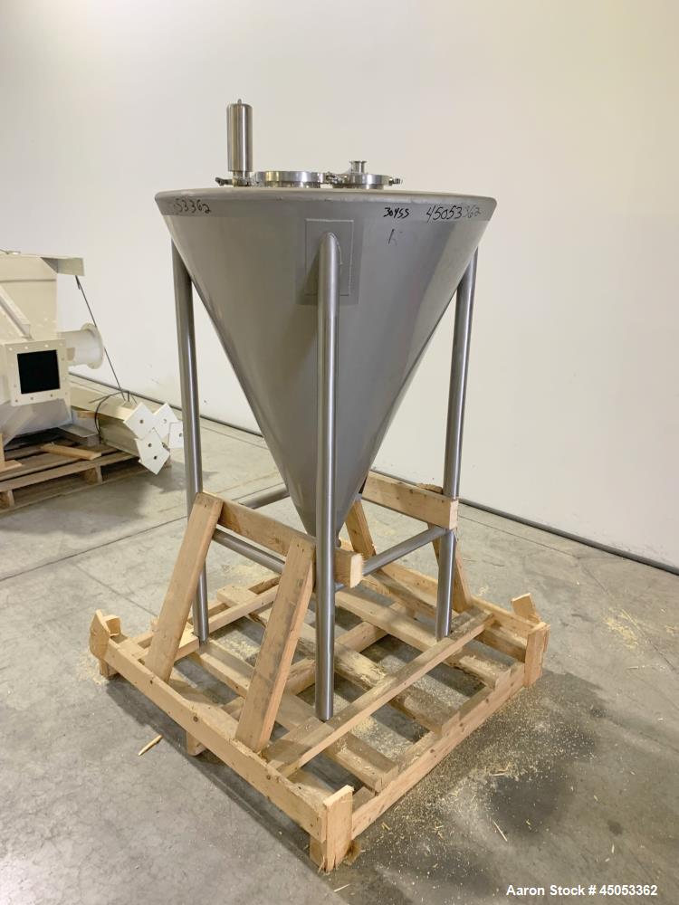 Unused- Schlueter Eductor / Pump Hopper, 304 Stainless Steel, Vertical. Approximate 36" diameter x 26" long cone bottom. Vibrator bracket, requires vibrator. Openings top: (2) 6", (2) 2". 4" Center b...