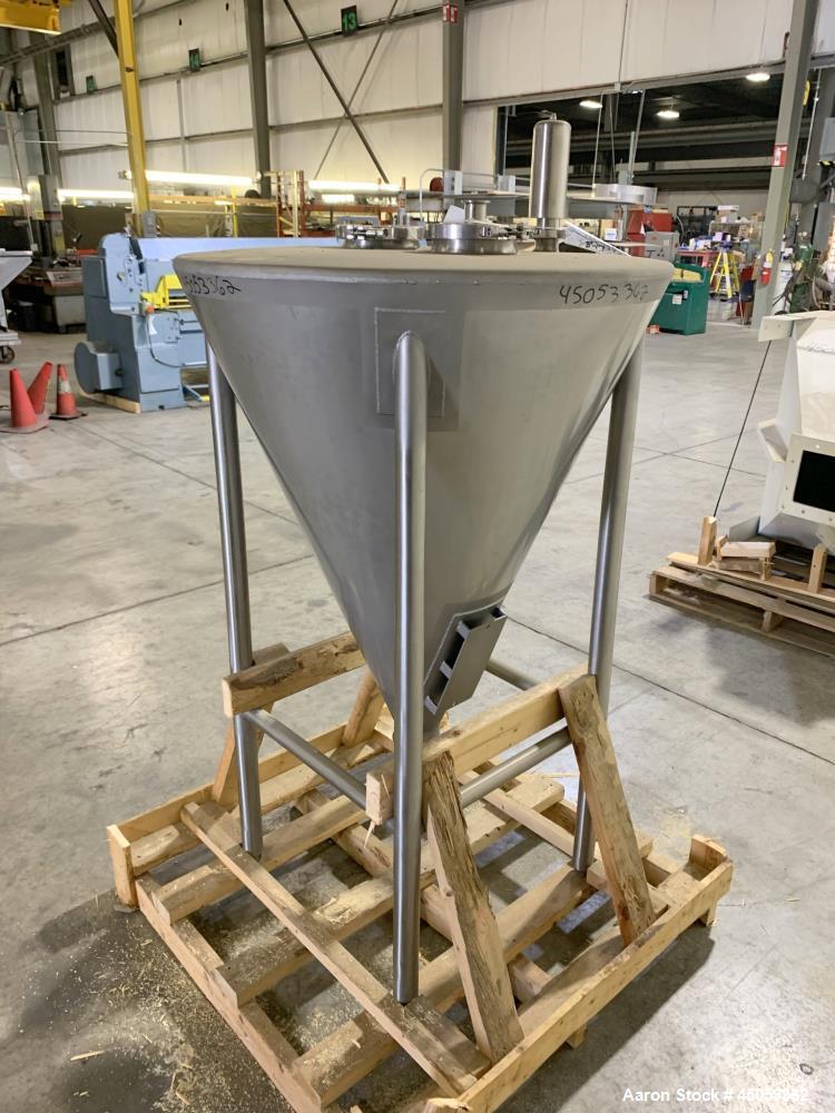 Unused- Schlueter Eductor / Pump Hopper, 304 Stainless Steel, Vertical. Approximate 36" diameter x 26" long cone bottom. Vibrator bracket, requires vibrator. Openings top: (2) 6", (2) 2". 4" Center b...