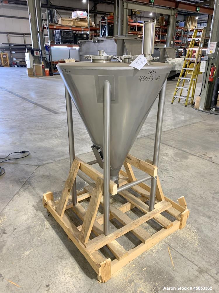 Unused- Schlueter Eductor / Pump Hopper, 304 Stainless Steel, Vertical. Approximate 36" diameter x 26" long cone bottom. Vibrator bracket, requires vibrator. Openings top: (2) 6", (2) 2". 4" Center b...
