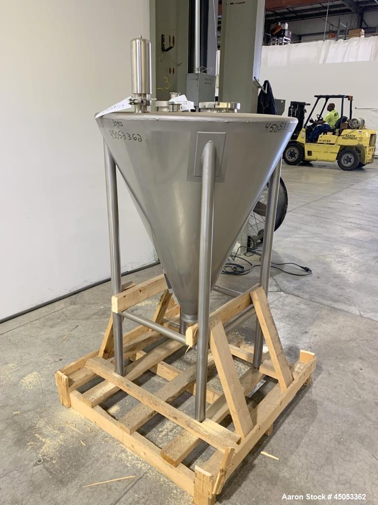Unused- Schlueter Eductor / Pump Hopper, 304 Stainless Steel, Vertical. Approximate 36" diameter x 26" long cone bottom. Vibrator bracket, requires vibrator. Openings top: (2) 6", (2) 2". 4" Center b...