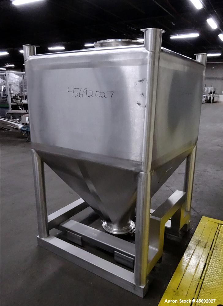 Used- Tote Bin, Approximately 36 Cubic Feet, 230 Gallons, Stainless Steel. 47" long x 47" wide x 28" straight side. Flat top...