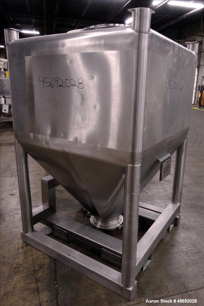 Used- Tote Bin, Approximately 36 Cubic Feet, 230 Gallons, Stainless Steel. 47" long x 47" wide x 28" straight side. Flat top...