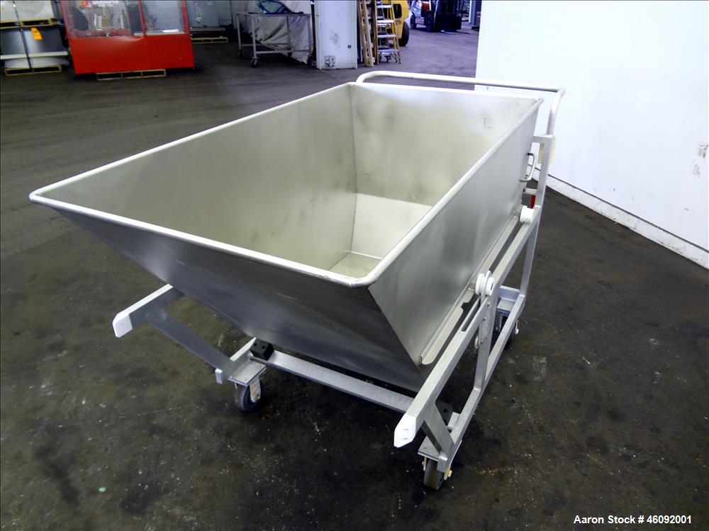 Unused- Liquid Tote, Approximate 25 Cubic Feet (200 gallons), 304 Stainless Steel. Self dumping bin Approximate 56" long x 3...