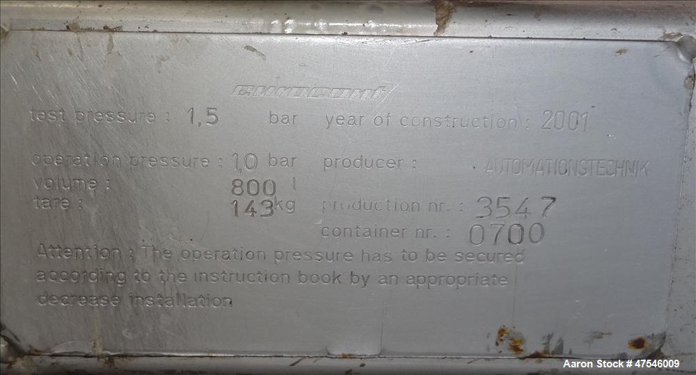 Used- Eurocont Tote Bin, 800 Liter, 28 Cubic Feet, 304 Stainless Steel, Vertical
