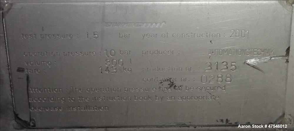 Used Eurocont Tote Bin, 800 Liter, 28 Cubic Feet, 304 Stainless Steel, Vertical
