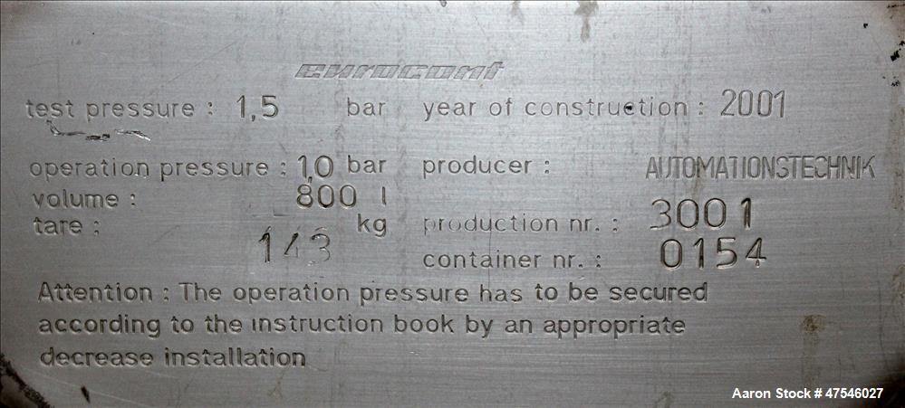 Used Automationstechnik Tote Bin, 800 Liter, 28 Cubic Feet, 304 Stainless Steel