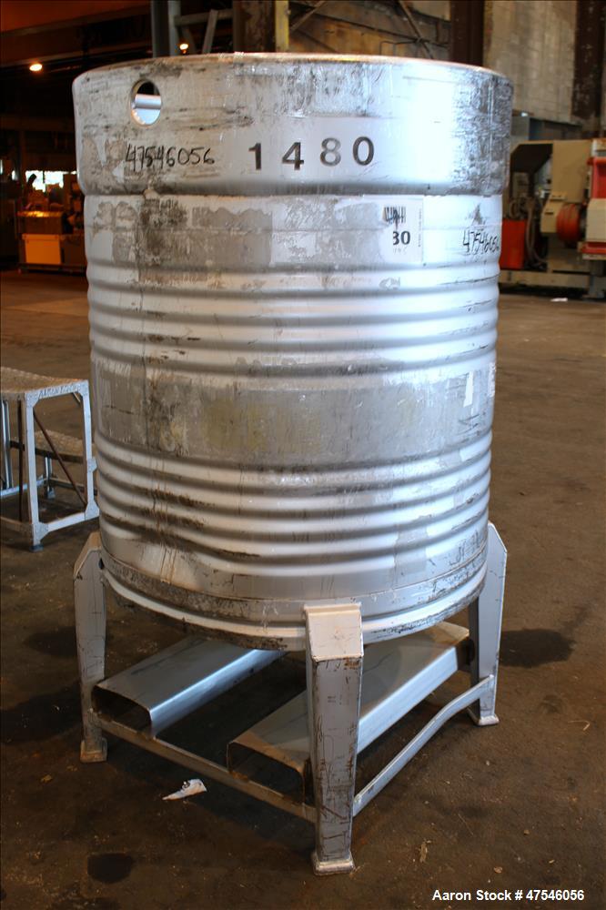 Tote Bin, 800 Liter, 28 Cubic Feet, 304 Stainless Steel, Vertical. Approximate 40" diameter x 30" straight side. Dished top,...