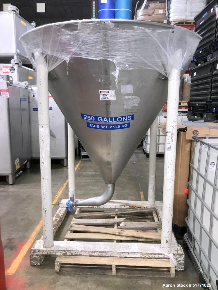 Used-Stainless Steel Cone Liquid Tote Bin, Approximate 250 Gallon (946 Liter), 69" Diameter, 63" Coned Bottom, 2" Discharge....