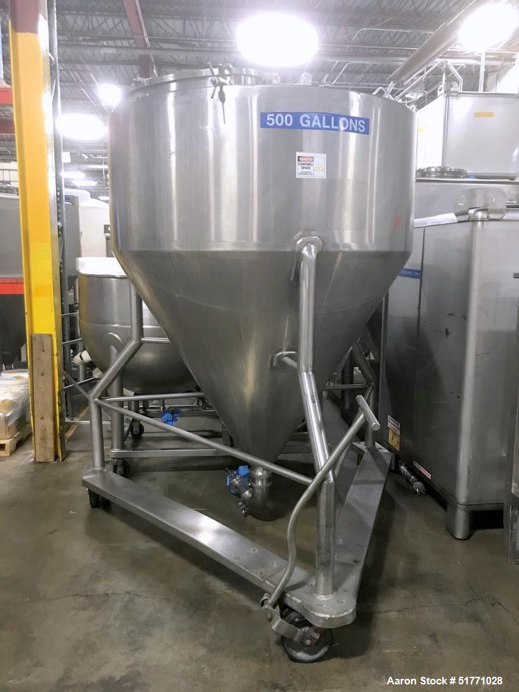 Used-Stainless Steel Liquid Tote Bin, Approximate 500 Gallon (1892 Liter), 60" Diameter x 24" Straight Side x 54" Coned Bott...