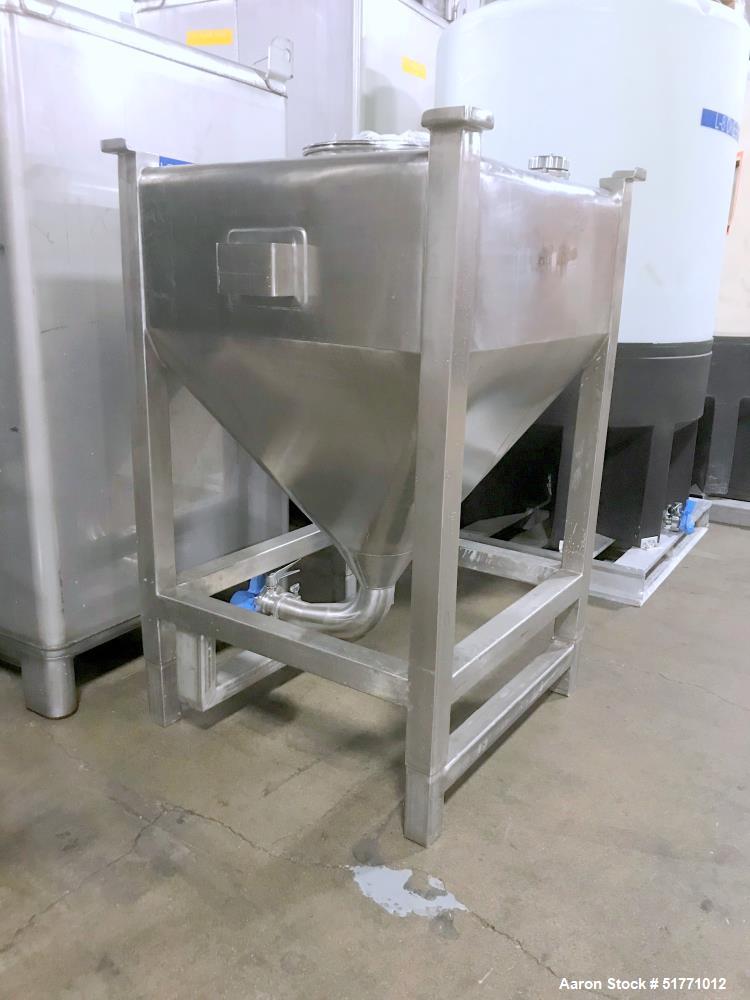 Used Alliance Stainless Steel Stackable Liquid Tote Bin, Approximate 150 Gallon (568 Liter), 38" x 38" x 14.5" Straight Side x 31" Coned Bottom.  15.75" Diameter Top Opening, 3" Discharge.  (4) Stain...