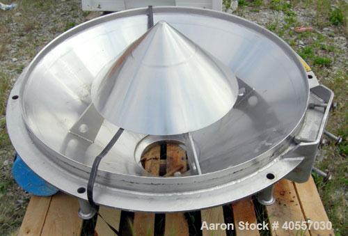 Used Azo Live Bottom Bin Discharger, 304 stainless steel. Approximately 44'' diameter, 9 1/2'' center bottom outlet. Driven by a 1 hp, 3/60/575 volt, 1730 rpm motor. Includes an approximate 73 cubic ...