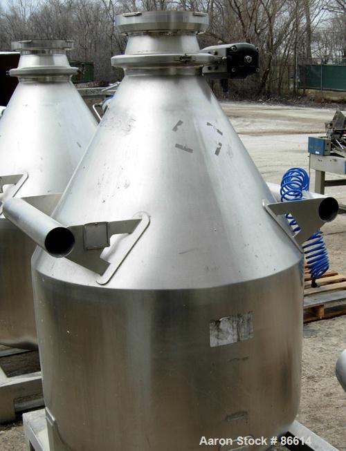 USED: L B Bohle tote bin, approx 13 cu ft, model 1BC, 316L stainless steel. Approx 34" diameter x 24" straight side x 27" coned top. Internal rated 19.7 psi at 68 deg F. 10" diameter top inlet with 8...