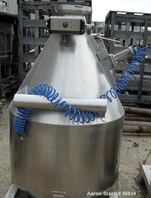 USED: L B Bohle tote bin, approx 13 cu ft, model 1BC, 316L stainless steel. Approx 34" diameter x 24" straight side x 27" coned top. Internal rated 19.7 psi at 68 deg F. 10" diameter top inlet with 8...