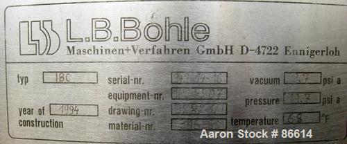 USED: L B Bohle tote bin, approx 13 cu ft, model 1BC, 316L stainless steel. Approx 34" diameter x 24" straight side x 27" coned top. Internal rated 19.7 psi at 68 deg F. 10" diameter top inlet with 8...