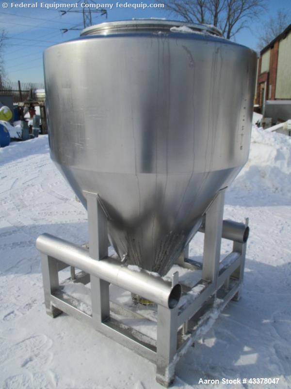 Used LB Bohle Bin, 1200 Liter (42 Cubic Feet), Model MCL1200S. Stainless steel construction. Approximately 60" diameter x 22" straight side, 36" cone bottom, 32" top opening with 8" center mounted bu...