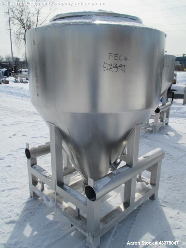Used LB Bohle Bin, 1200 Liter (42 Cubic Feet), Model MCL1200S. Stainless steel construction. Approximately 60" diameter x 22" straight side, 36" cone bottom, 32" top opening with 8" center mounted bu...