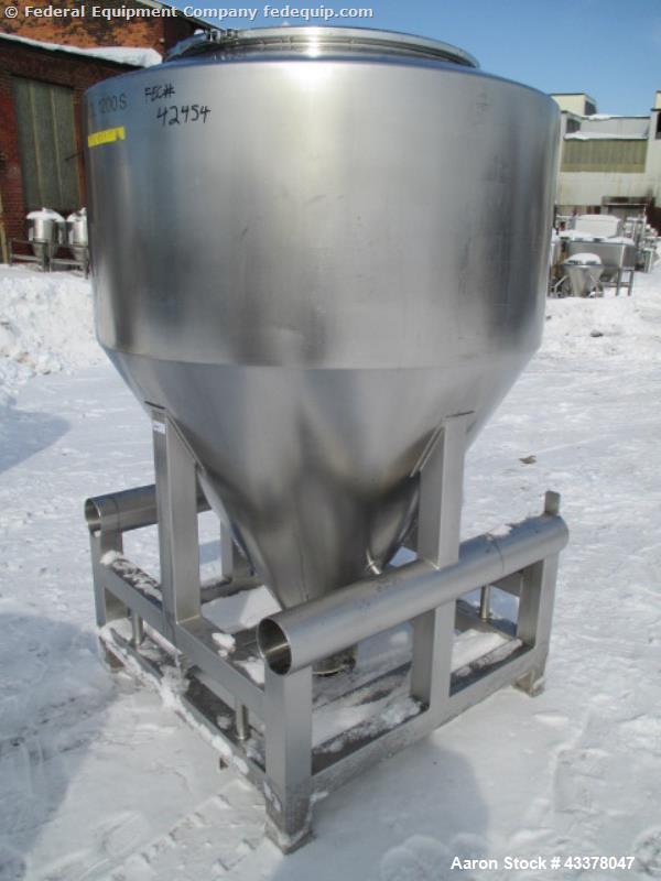 Used LB Bohle Bin, 1200 Liter (42 Cubic Feet), Model MCL1200S. Stainless steel construction. Approximately 60" diameter x 22" straight side, 36" cone bottom, 32" top opening with 8" center mounted bu...