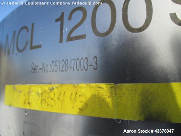Used LB Bohle Bin, 1200 Liter (42 Cubic Feet), Model MCL1200S. Stainless steel construction. Approximately 60" diameter x 22" straight side, 36" cone bottom, 32" top opening with 8" center mounted bu...