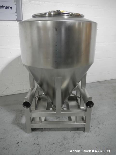 Used 1200 liter LB Bohle bin, model MCL1200S, 1200 liter(42 cu ft) capacity, stainless steel construction, approximately 60" diameter x 22" straight side, 36" cone bottom, 32" top opening with 8" cen...