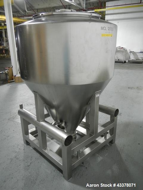 Used 1200 liter LB Bohle bin, model MCL1200S, 1200 liter(42 cu ft) capacity, stainless steel construction, approximately 60" diameter x 22" straight side, 36" cone bottom, 32" top opening with 8" cen...