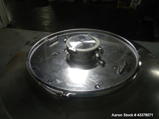 Used 1200 liter LB Bohle bin, model MCL1200S, 1200 liter(42 cu ft) capacity, stainless steel construction, approximately 60" diameter x 22" straight side, 36" cone bottom, 32" top opening with 8" cen...
