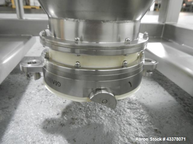 Used 1200 liter LB Bohle bin, model MCL1200S, 1200 liter(42 cu ft) capacity, stainless steel construction, approximately 60" diameter x 22" straight side, 36" cone bottom, 32" top opening with 8" cen...
