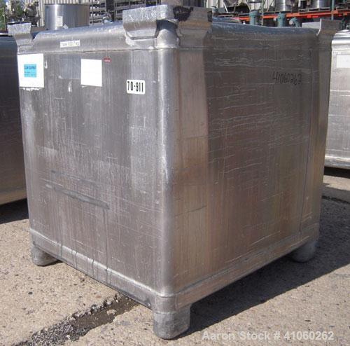 Used Custom Metal Craft Powder Stackable Tote Bin, Approximately 50 Cubic Feet, Aluminum. 48" Wide x 42" long x approximately 43" deep. 22" Diameter top opening with cover, 33" x 14" hinged side bott...