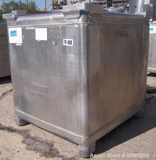 Used Custom Metal Craft Powder Stackable Tote Bin, Approximately 50 Cubic Feet, Aluminum. 48" Wide x 42" long x approximately 43" deep. 22" Diameter top opening with cover, 33" x 14" hinged side bott...