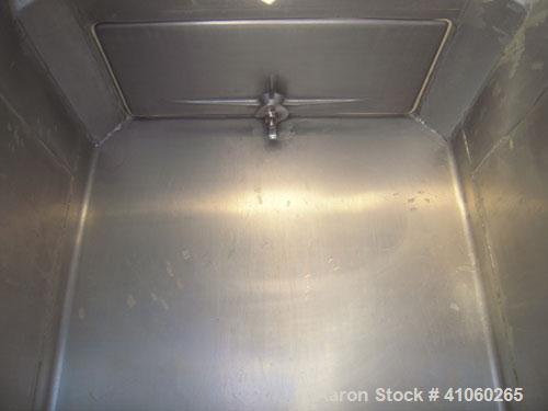 Used Custom Metal Craft Powder Stackable Tote Bin, Approximately 50 Cubic Feet, Aluminum. 48" Wide x 42" long x approximately 43" deep. 22" Diameter top opening with cover, 33" x 14" hinged side bott...