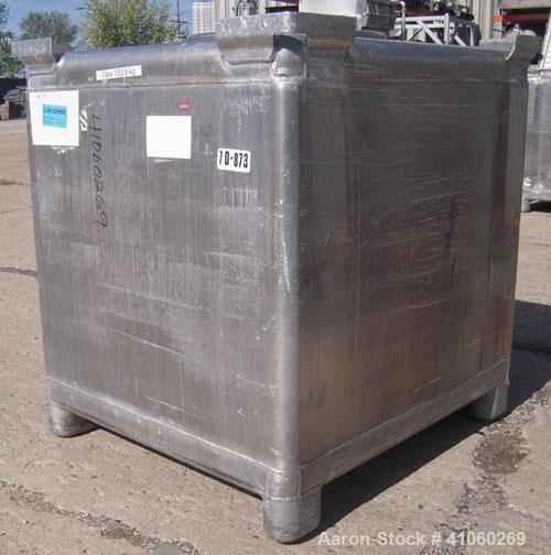 Used Custom Metal Craft Powder Stackable Tote Bin, Approximately 50 Cubic Feet, Aluminum. 48" Wide x 42" long x approximately 43" deep. 22" Diameter top opening with cover, 33" x 14" hinged side bott...