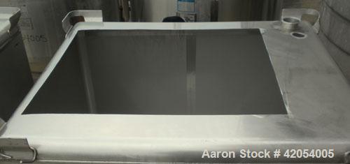 Used Custom Metalcraft Transtore Tote Bin, Approximately 33 Cubic Feet  (250 Gallon ) , 316 Stainless Steel. 46" long x 41" wide x 30" straight side x 24" cone bottom. 34" x 29" hole cut in top , 3" ...