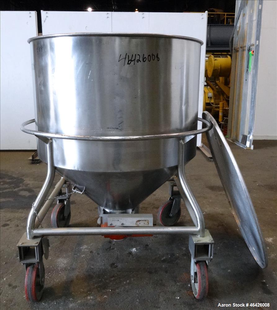 Used Expert Steel Fabricators Powder Tote Bin, Approximately 35 Cubic Feet, 304 Stainless Steel. 46" Diameter x 30" straight side x 22" coned bottom. Open top with a (1) piece cover. Bolt on Gemco sp...