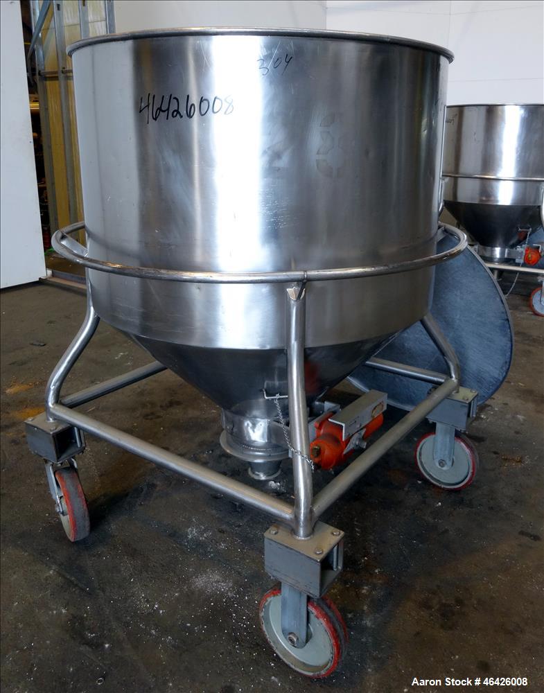 Used Expert Steel Fabricators Powder Tote Bin, Approximately 35 Cubic Feet, 304 Stainless Steel. 46" Diameter x 30" straight side x 22" coned bottom. Open top with a (1) piece cover. Bolt on Gemco sp...