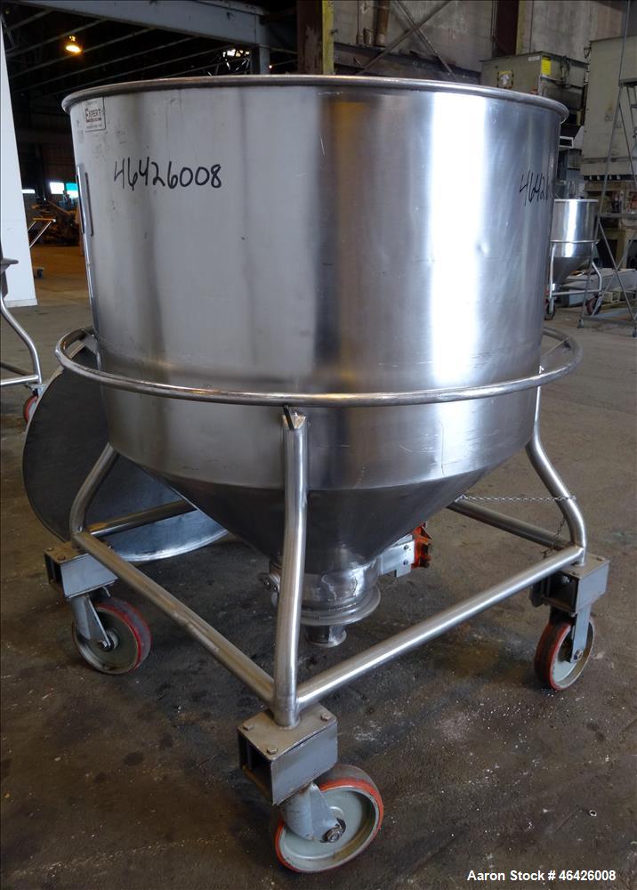 Used Expert Steel Fabricators Powder Tote Bin, Approximately 35 Cubic Feet, 304 Stainless Steel. 46" Diameter x 30" straight side x 22" coned bottom. Open top with a (1) piece cover. Bolt on Gemco sp...