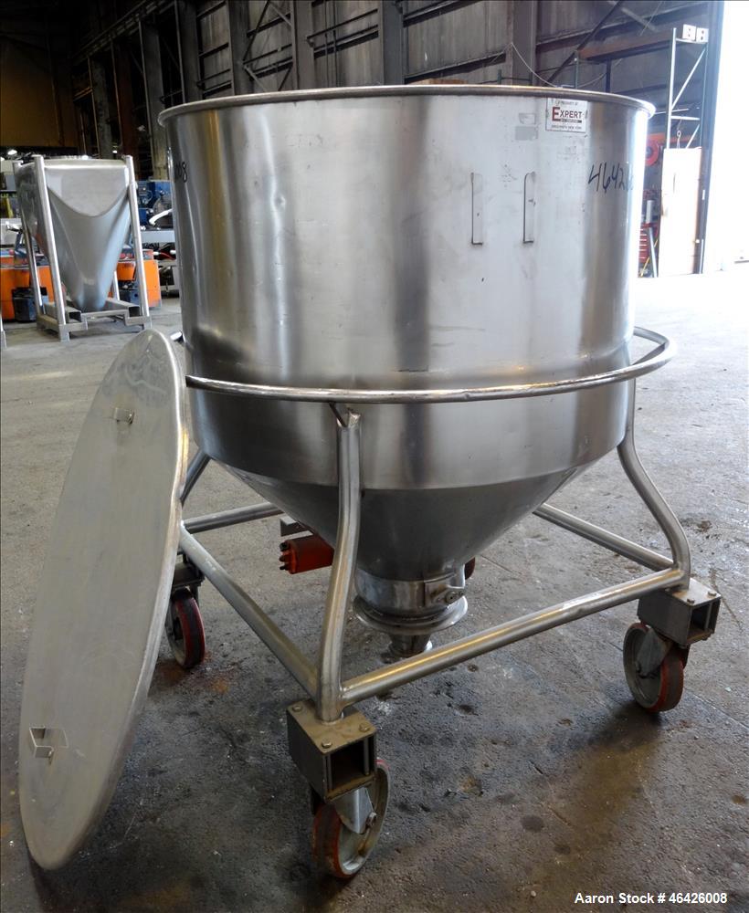 Used Expert Steel Fabricators Powder Tote Bin, Approximately 35 Cubic Feet, 304 Stainless Steel. 46" Diameter x 30" straight side x 22" coned bottom. Open top with a (1) piece cover. Bolt on Gemco sp...
